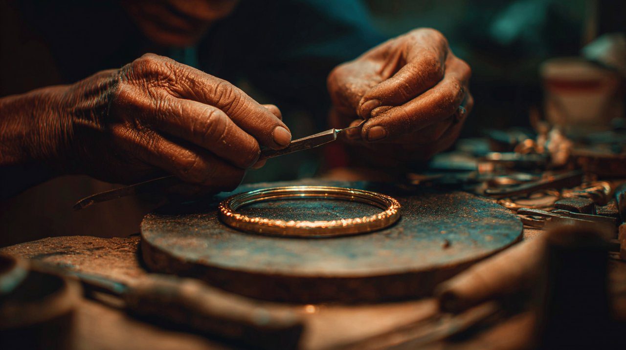 Mãos de artesão a fabricar meticulosamente uma bracelete Semanário dourada.