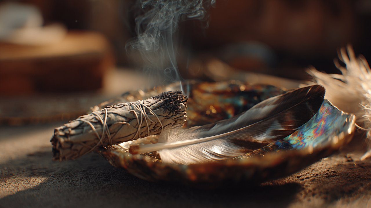 Smoldering white sage stick with an abalone shell and feather.