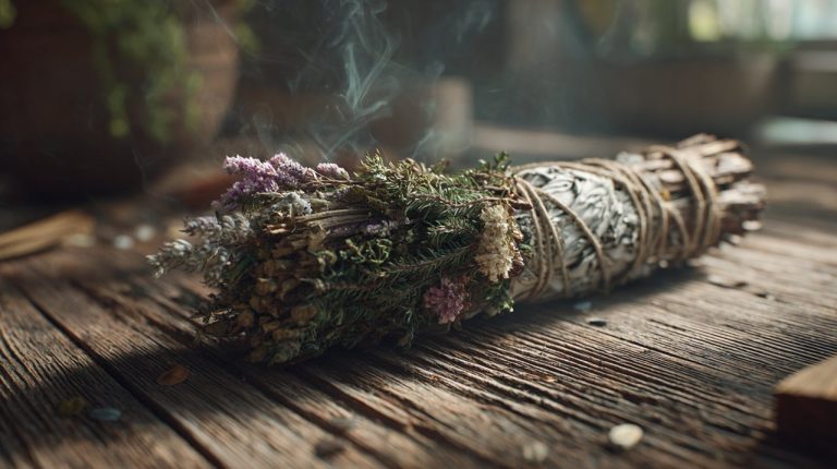 A bundle of various dried smudging herbs.