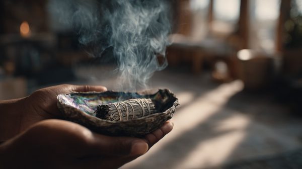 Hands performing a smudging ritual with a white sage stick and abalone shell.