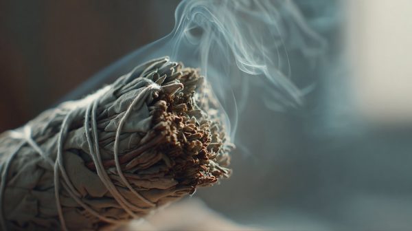 A smoldering white sage smudge stick with sacred smoke.