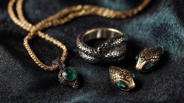 A collection of diverse snake-themed jewelry pieces.