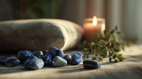 Piedra de Sodalita en un entorno de meditación pacífica.