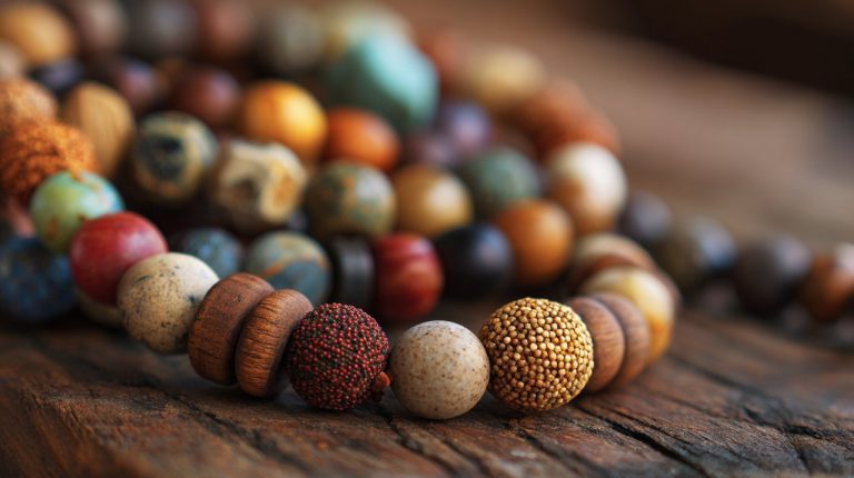 A collection of diverse spiritual bracelets on a wooden surface.