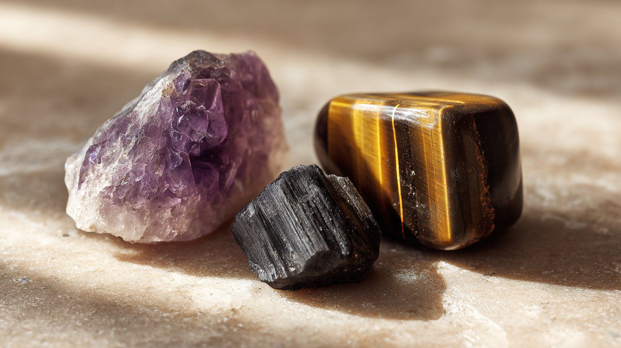 Small, natural amethyst, tiger's eye, and black tourmaline stones.