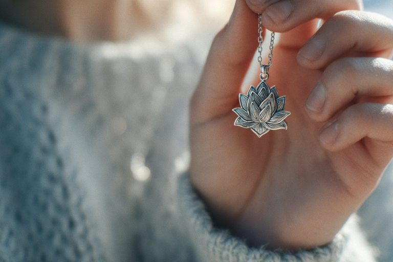Hand holding a detailed sterling silver lotus pendant