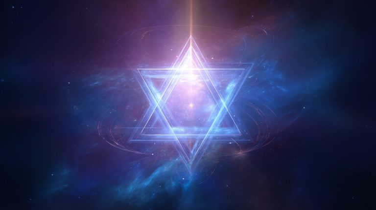 A mystical depiction of the Star of David with cosmic elements.