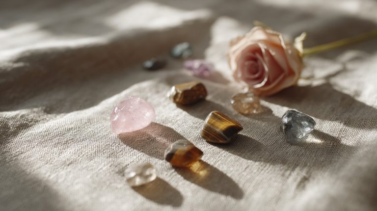 An array of small natural crystal stones representing calm and courage.