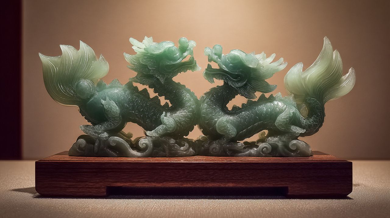 Uma escultura de dragão e fênix representando união