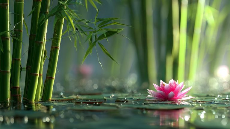 Eastern symbols of resilience, featuring bamboo and a lotus flower.