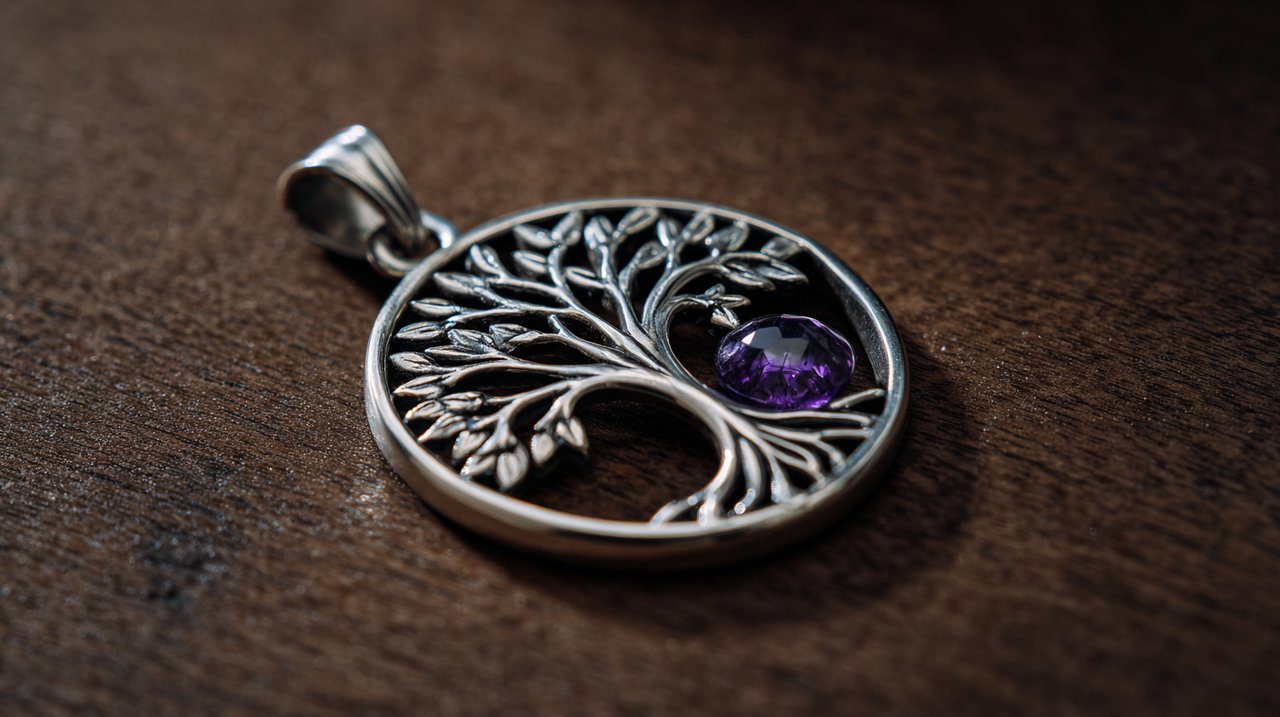 A Tree of Life pendant with an amethyst gemstone on a dark surface.