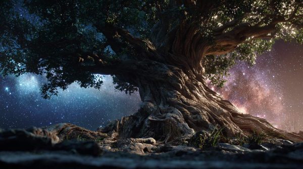 A majestic ancient Tree of Life with roots deep in the earth and branches reaching the cosmos.