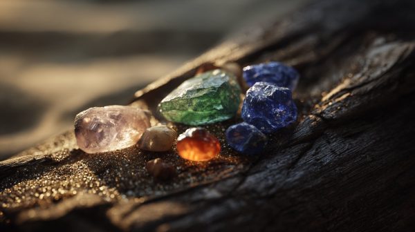 Una colección de piedras de nacimiento de Tauro sobre una superficie natural.