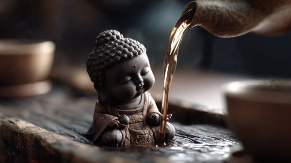Primer plano de un tea pet desarrollando una pátina lustrosa por el vertido repetido de té.