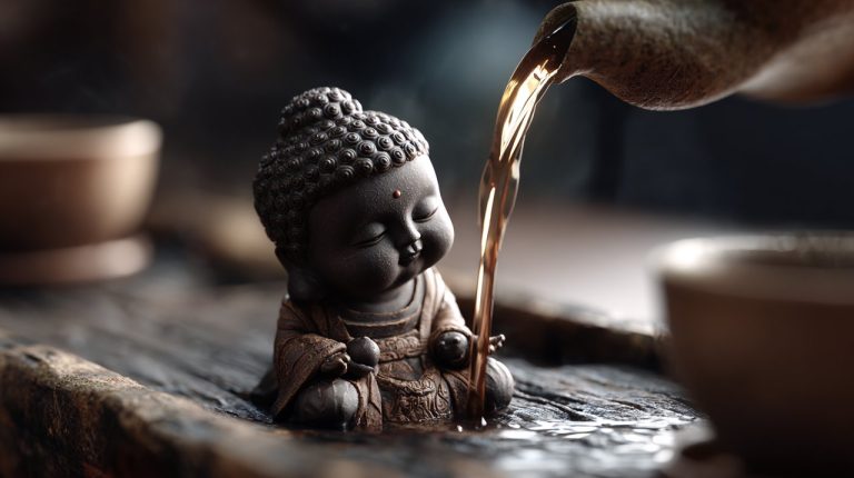 Close-up of a tea pet developing a lustrous patina from repeated tea pouring.
