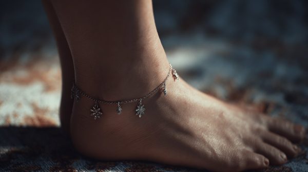 An elegant ankle bracelet on a woman's ankle, symbolizing personal expression.
