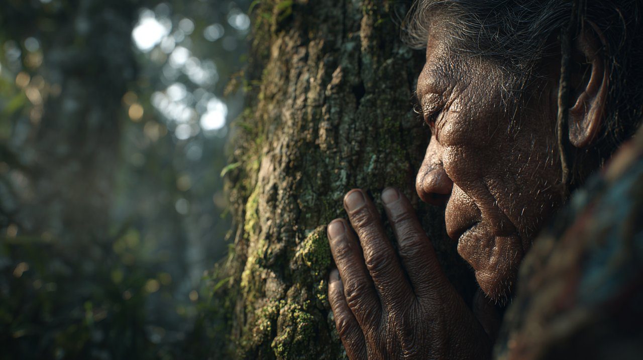 Um ancião a examinar uma árvore Aquilaria numa floresta.