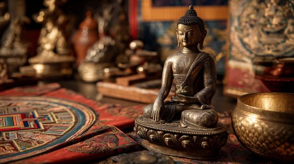 Una colección de obras de arte budistas tibetanas que incluyen thangka, estatua de Buda y mandala.