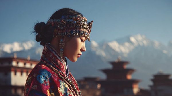 Una persona tibetana con atuendo tradicional en medio de un paisaje espiritual.