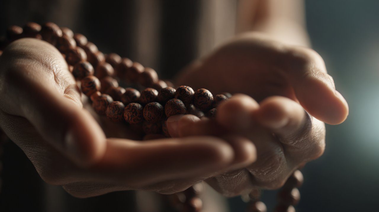Hands holding Tibetan mala beads during meditation
