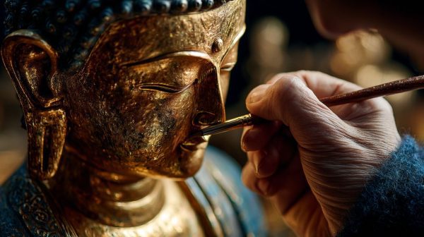 Artesano aplicando pan de oro a una estatua de Buda