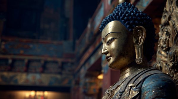Una gran estatua de Buda tibetana en un monasterio