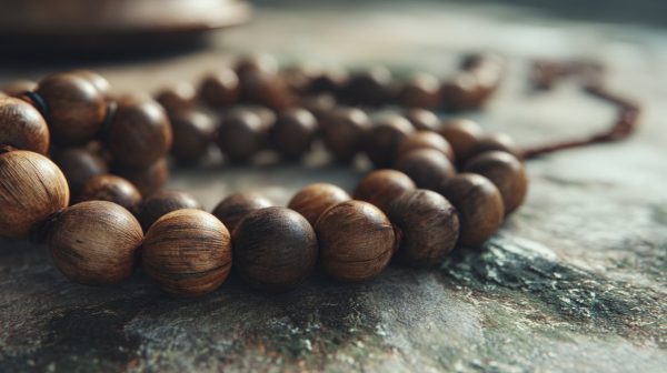Colección de materiales naturales para pulseras budistas tibetanas.
