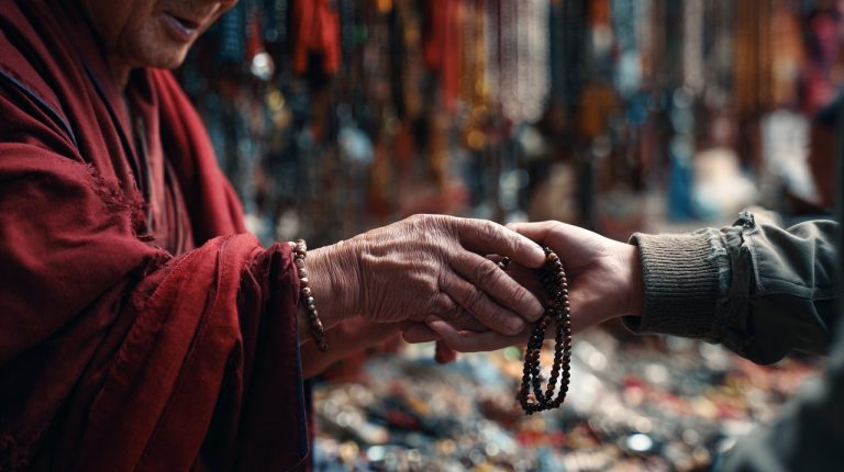 Tibetan monk handing a bracelet in a Lhasa market.