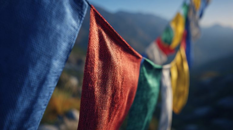 Close-up of colorful Tibetan prayer flags showing their elemental colors