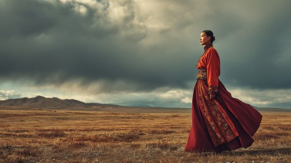 Una mujer tibetana con vestido tradicional en el altiplano