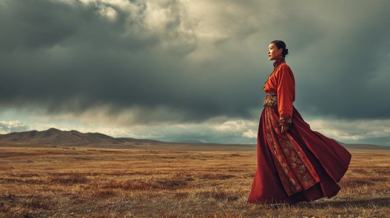 A Tibetan woman in traditional dress on the high plateau