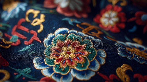 Primer plano de patrones textiles tibetanos vibrantes