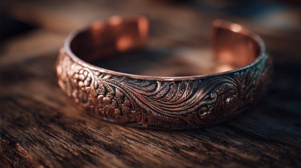 Ein tibetanisches Kupferarmband auf einer Holzoberfläche.