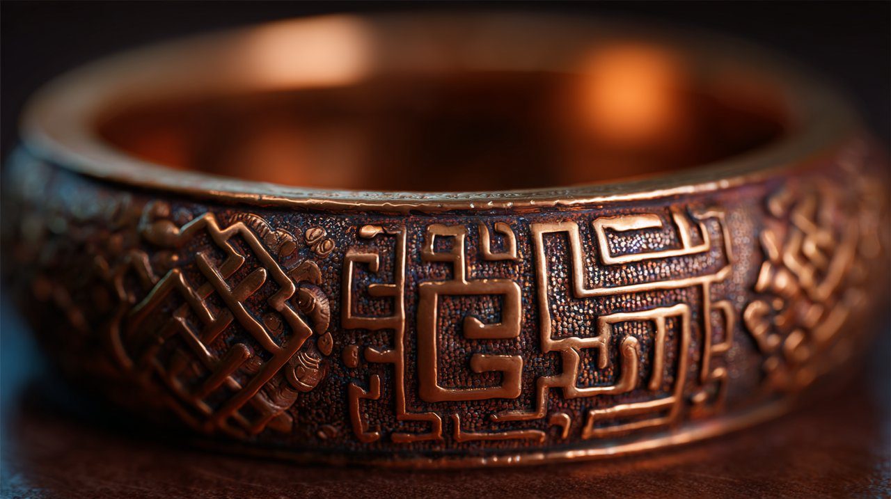 Close-up of sacred symbols on a Tibetan copper bracelet