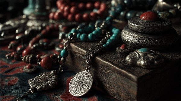 Una colección de joyería tibetana tradicional con turquesa y coral