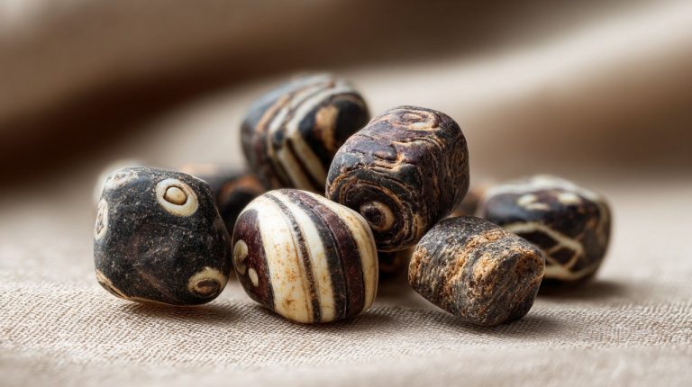 Close-up of ancient Dzi beads with mysterious patterns
