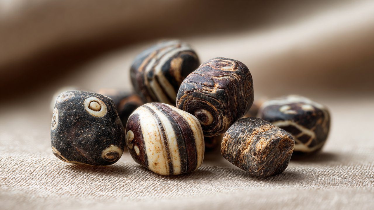 Close-up of ancient Dzi beads with mysterious patterns