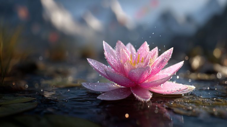 A pristine pink lotus flower blooming above murky water, with a blurred Tibetan landscape in the background.