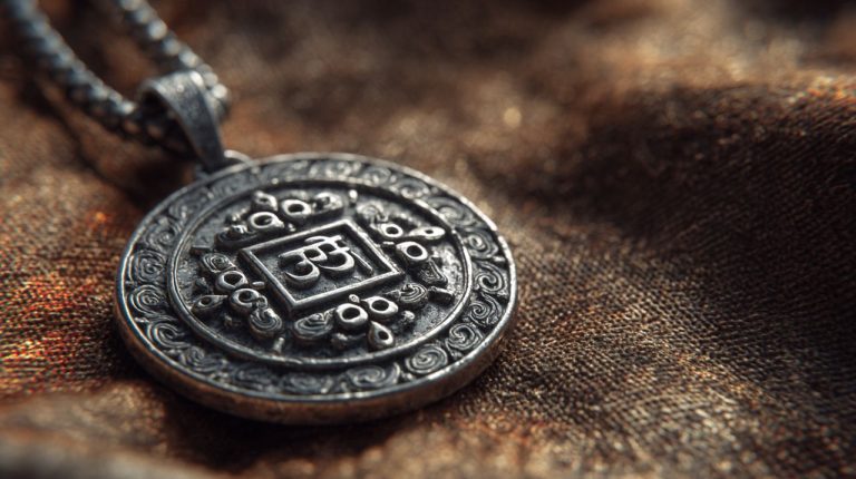 Intricately carved Tibetan pendant showcasing spiritual symbols.