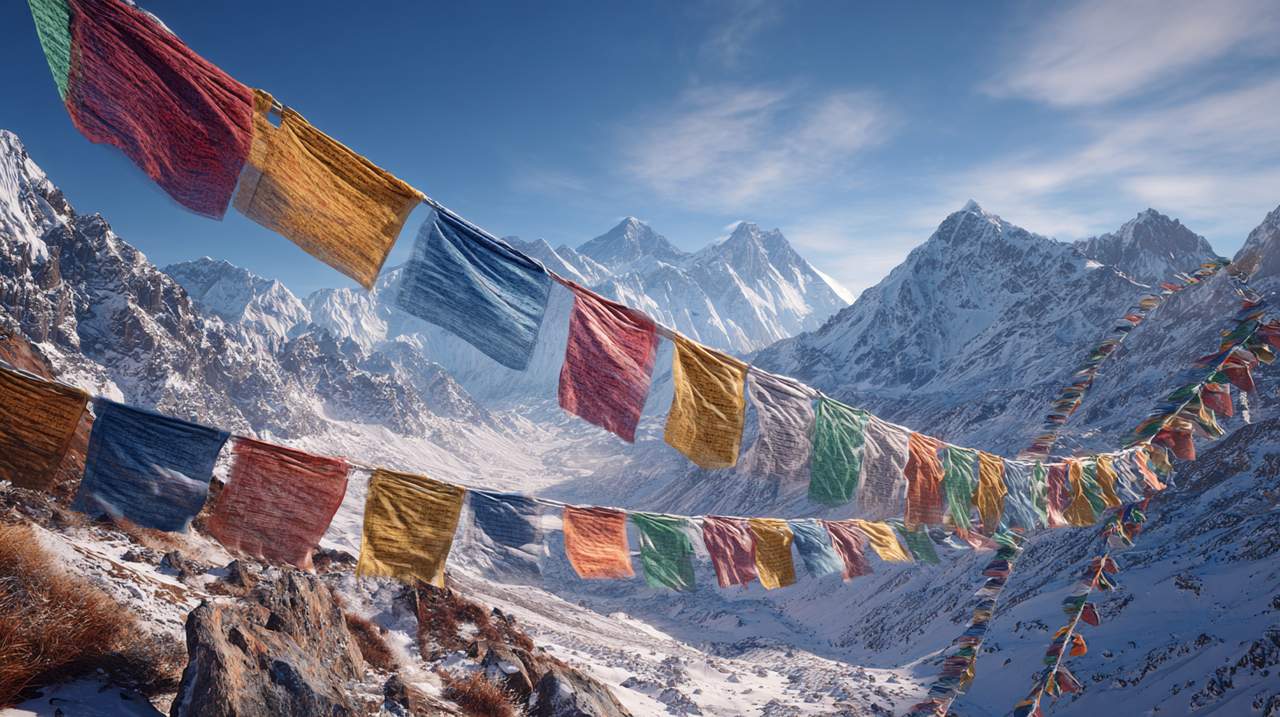 Vibrantes bandeiras de oração tibetanas tremulando nas montanhas do Himalaia