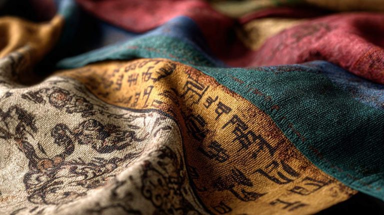 Close-up of a Tibetan prayer flag with a Lungta (Wind Horse) symbol and mantras