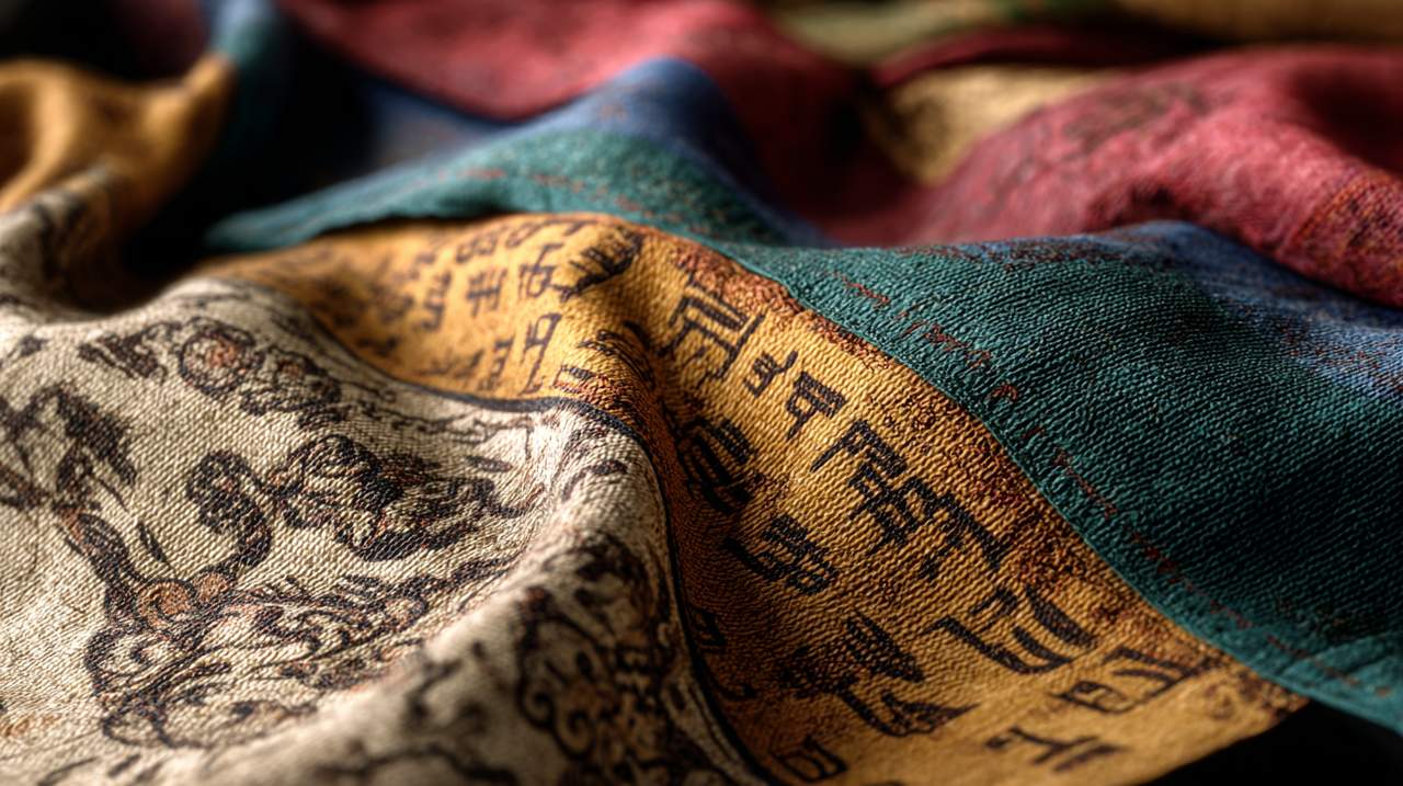 Close-up de uma bandeira de oração tibetana com o símbolo Lungta (Cavalo do Vento) e mantras
