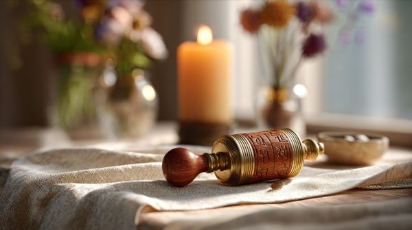 Un sereno ornamento de rueda de oración tibetana colocado en un altar doméstico, rodeado de velas y flores.