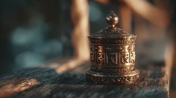 Una rueda de oración tibetana bellamente elaborada en suave movimiento, emitiendo un resplandor suave y etéreo.
