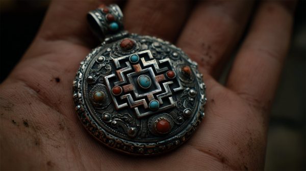 象徴的なモチーフが施された手作りのチベットシルバー作品のクローズアップ