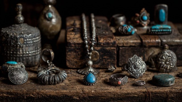 A collection of traditional Tibetan silver jewelry and artifacts.