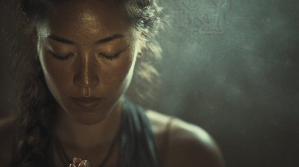 Una figura serena meditando con sutiles símbolos tibetanos de fondo, representando la fuerza interior y la sabiduría.
