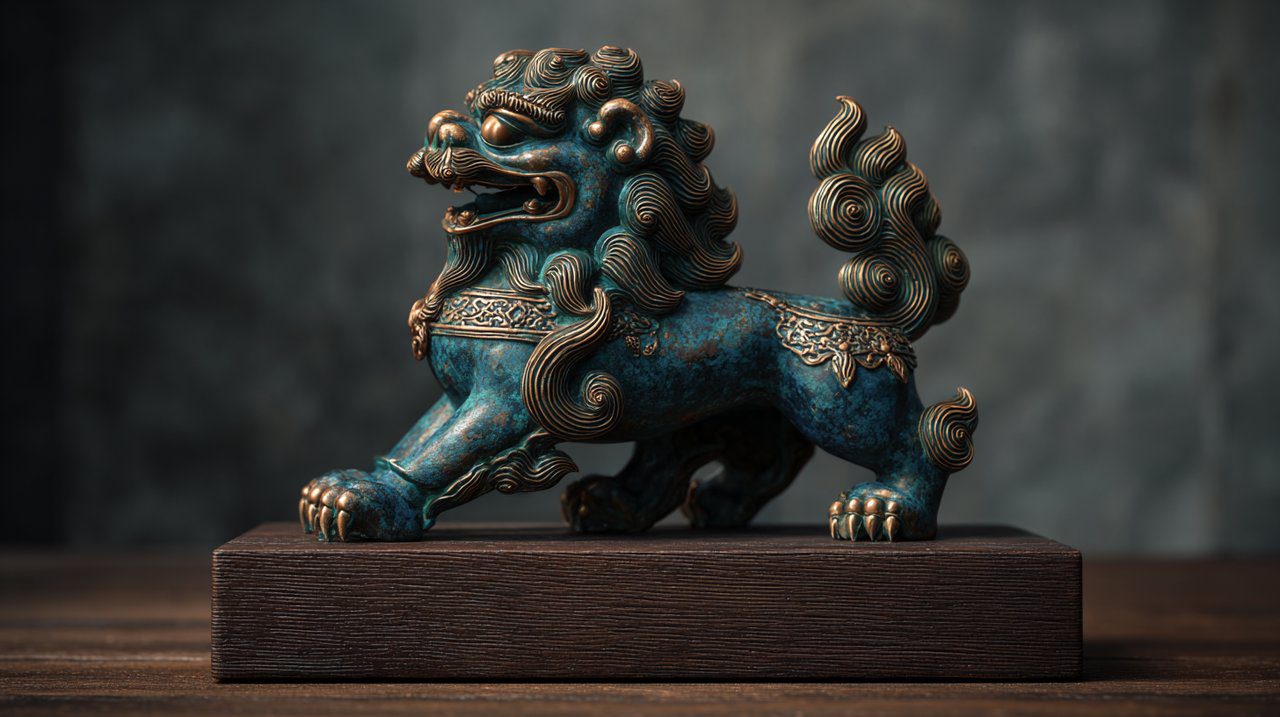 Uma figura detalhada de um mítico Leão das Neves tibetano, personificando coragem e pureza.