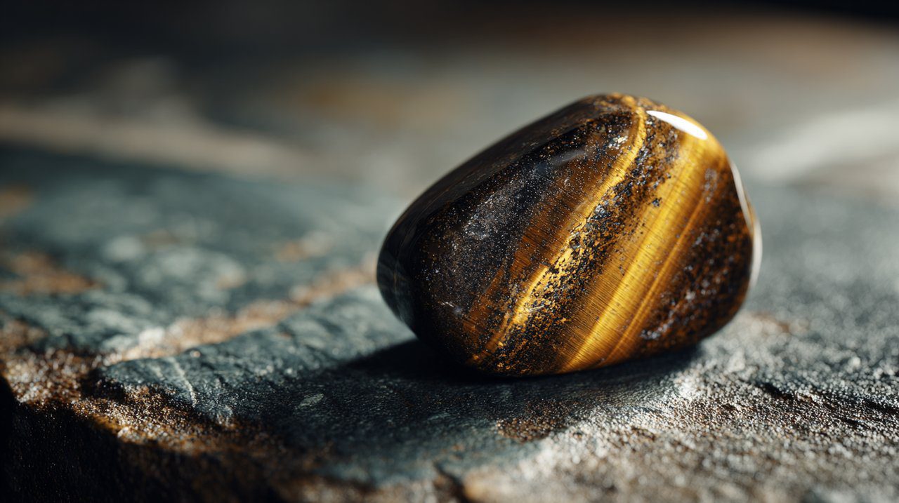 Una piedra de Ojo de Tigre pulida naturalmente sobre piedra antigua.