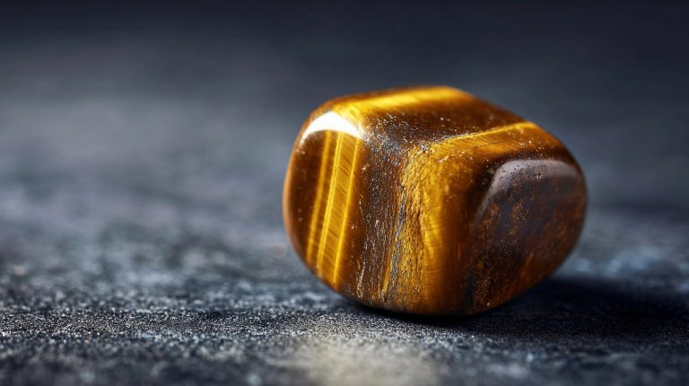 A close-up of a golden-yellow Tiger Eye stone